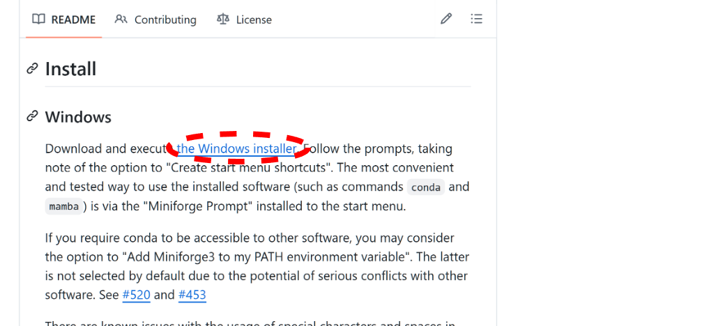 「Install」の直下にWindowsでのインストール方法が記載されている。「the
Windows
installer」をクリックしてダウンロードし、実行するとインストーラーが起動する。