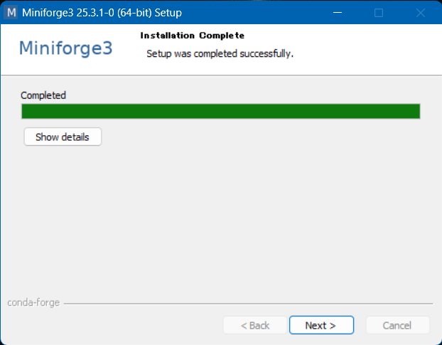 インストール作業終了時の画面。インストール終了後は「Next」をクリックして進む。