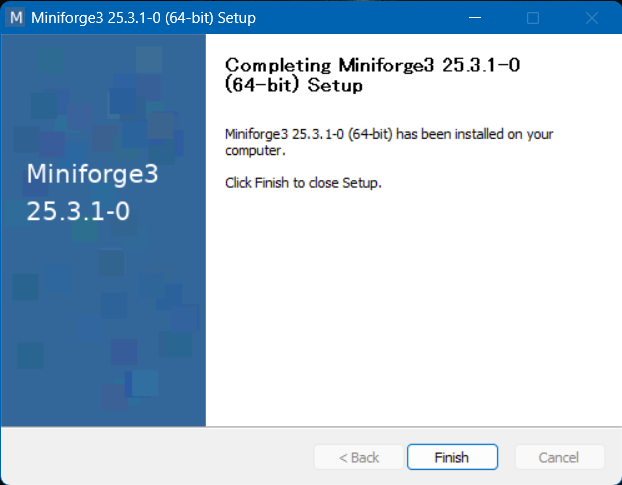 インストール終了画面。「Finish」をクリックして終了する。