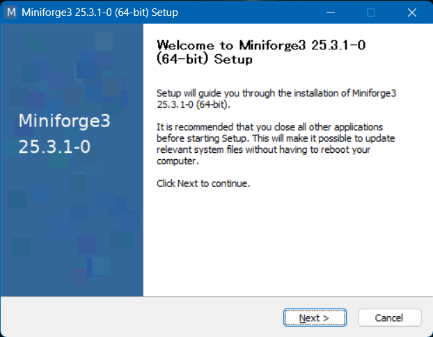 インストール開始画面。「Next」をクリックして進む。