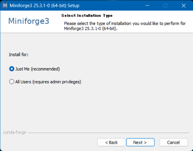インストールタイプの選択。「Just
Me」を選択し（当初からそちらが選ばれているはず）、「Next」をクリックして進む。