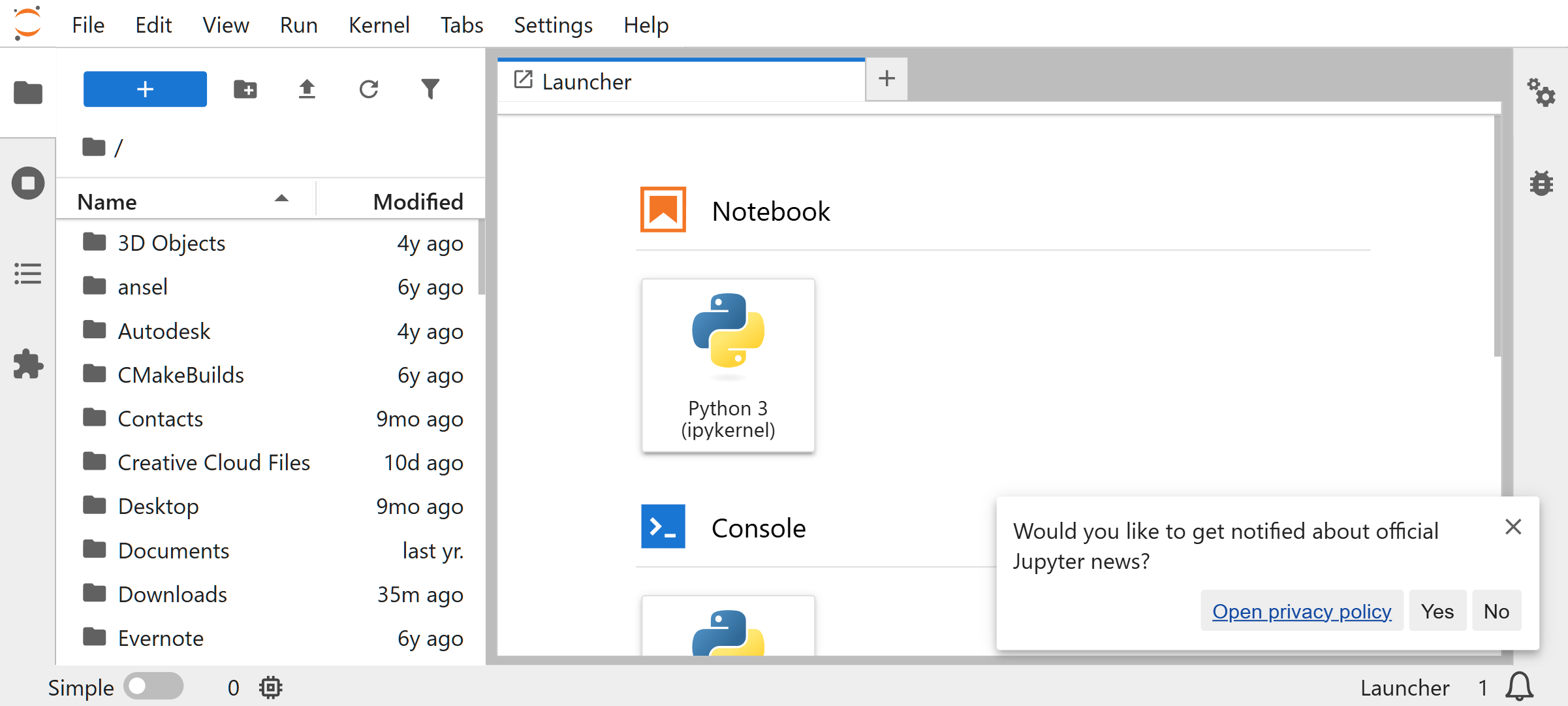 JupyterLabを起動した画面