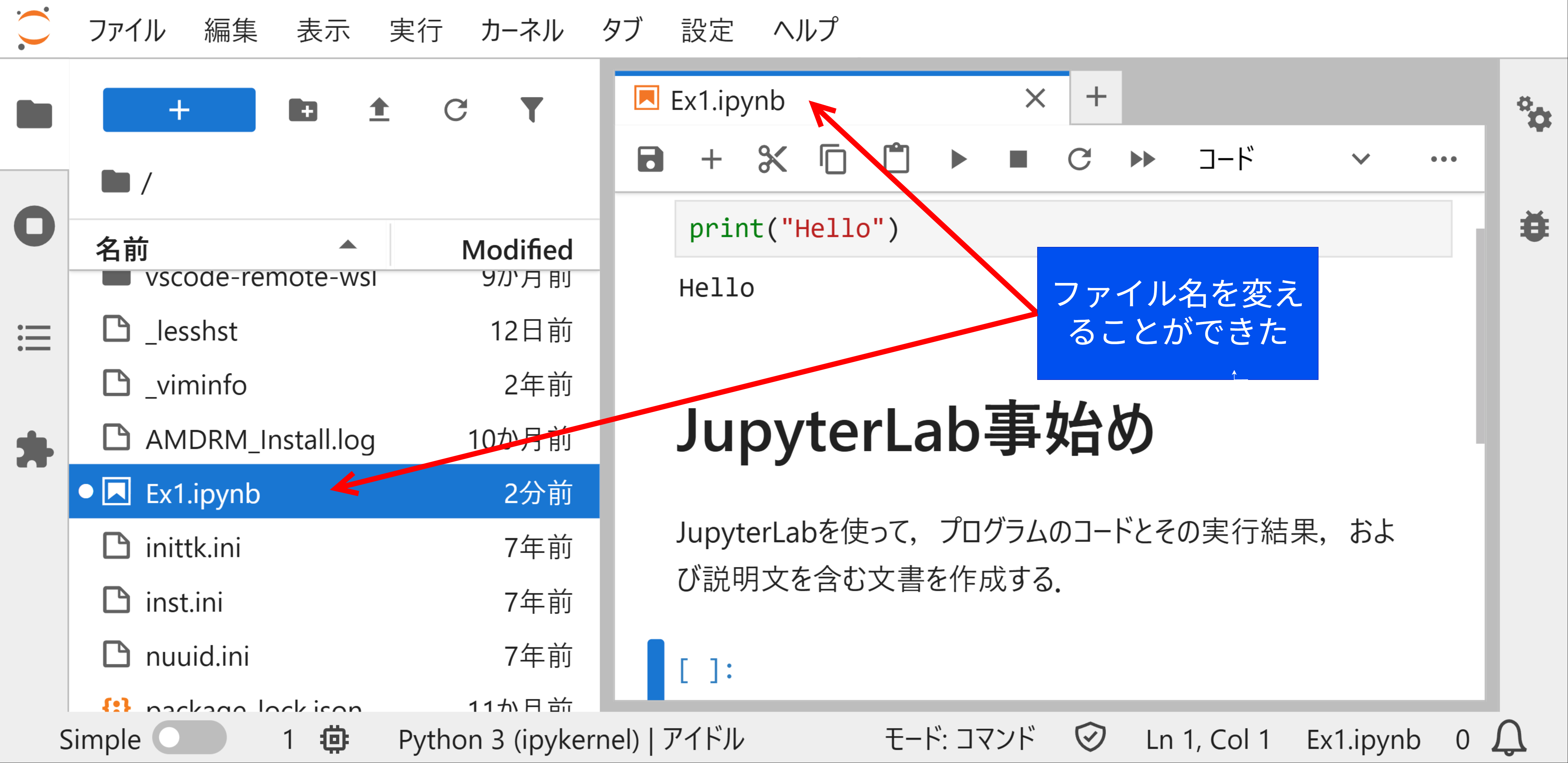 ノートブックのファイル名が変更されたことを確認