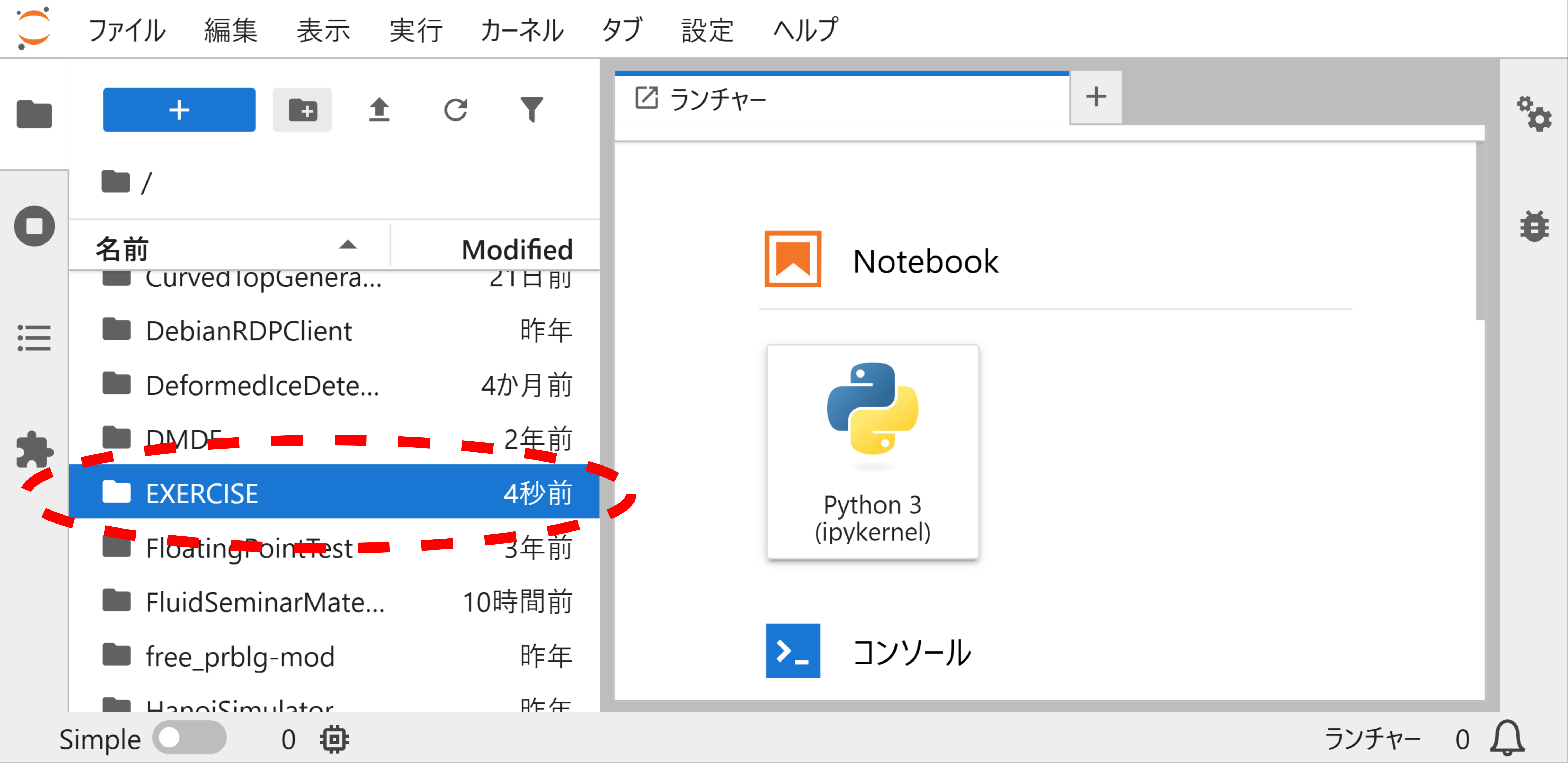 新しいフォルダー（この例では"EXERCISE"）が作られたので，ダブルクリックして中に入る．