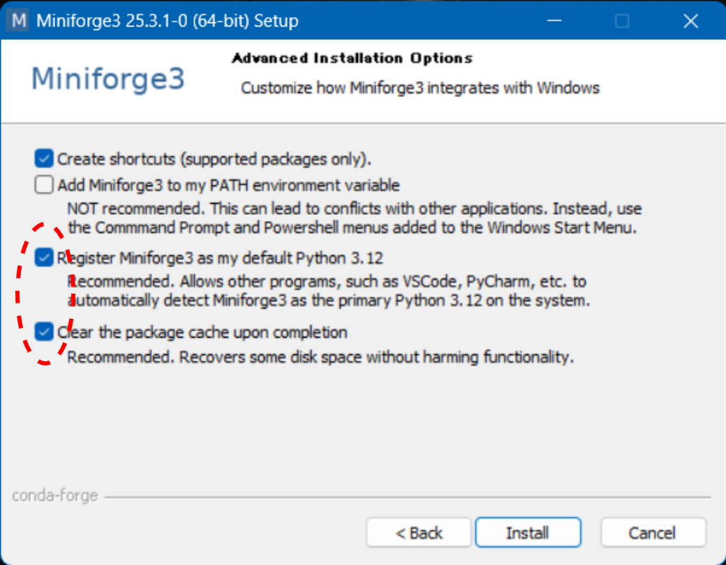 インストールオプション選択画面。標準ではいちばん上の項目のみにチェックが入っているはずである。下段の項目の中で"Recommended"になっている項目にチェックを入れることを勧める。（任意。図は"Recommended"の項目を選んだ状態）