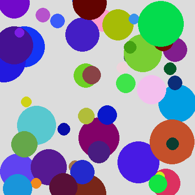 ランダムに表示された円の例．色も位置もランダムに決められている．この画面は静止画だが，実際にはこのような画面が高速に切り替わりながら表示される．