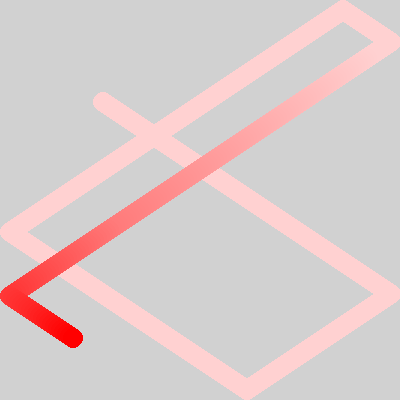 ボールが跳ね返るプログラムを実行した例．ただしこの例では画面を完全には消さず，ボールの軌道がだんだん薄くなりながら画面に残るように表示している．ボールが直線的に動いていること，壁（ウィンドウの外枠）で跳ね返っていることが分かる．